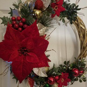 CHRISTMAS door wreath, 14" inch. "Poinsetta"